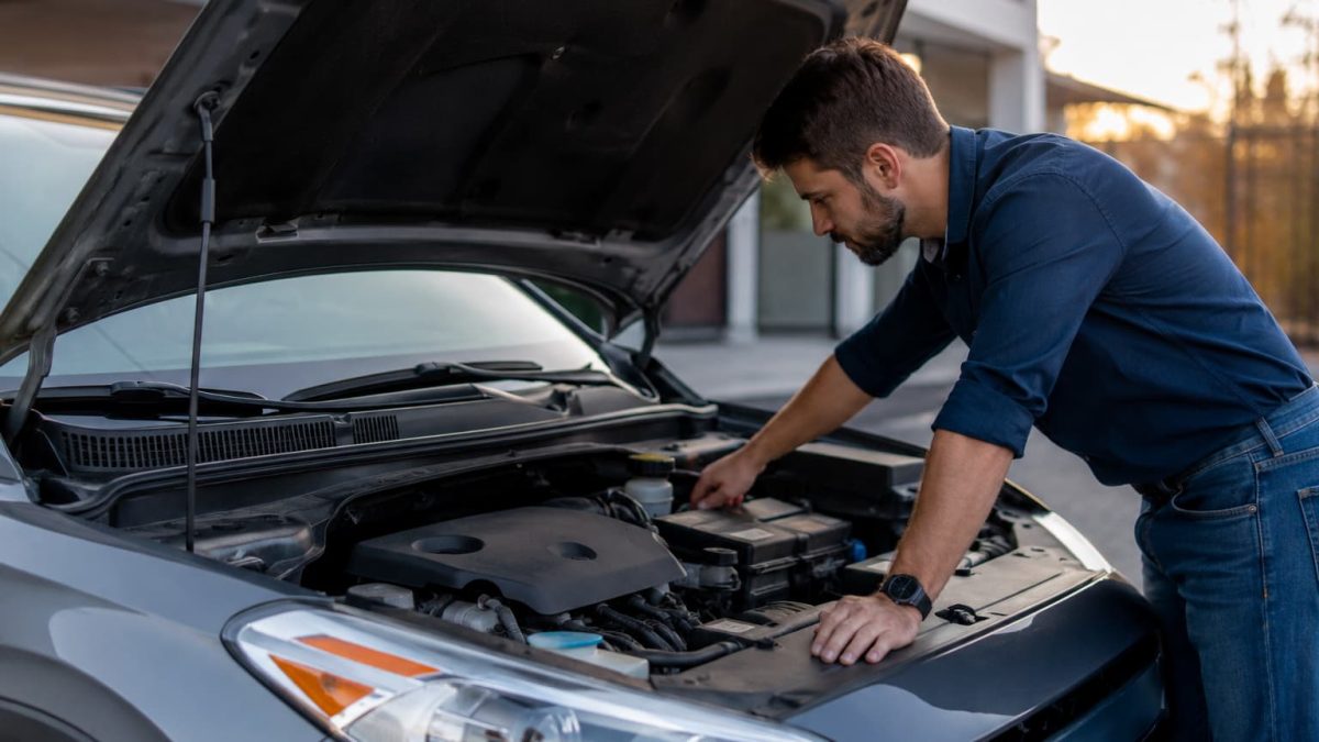 homme vérifie capot voiture