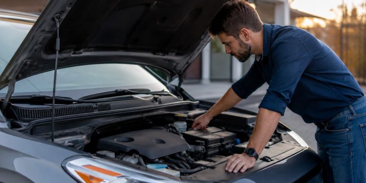 homme vérifie capot voiture